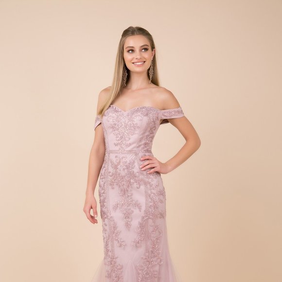 NEW OFF SHOULDER SLEEVELESS MERMAID EMBROIDERED DRESS WITH ZIPPER BACK NX H294 - Picture 1 of 8